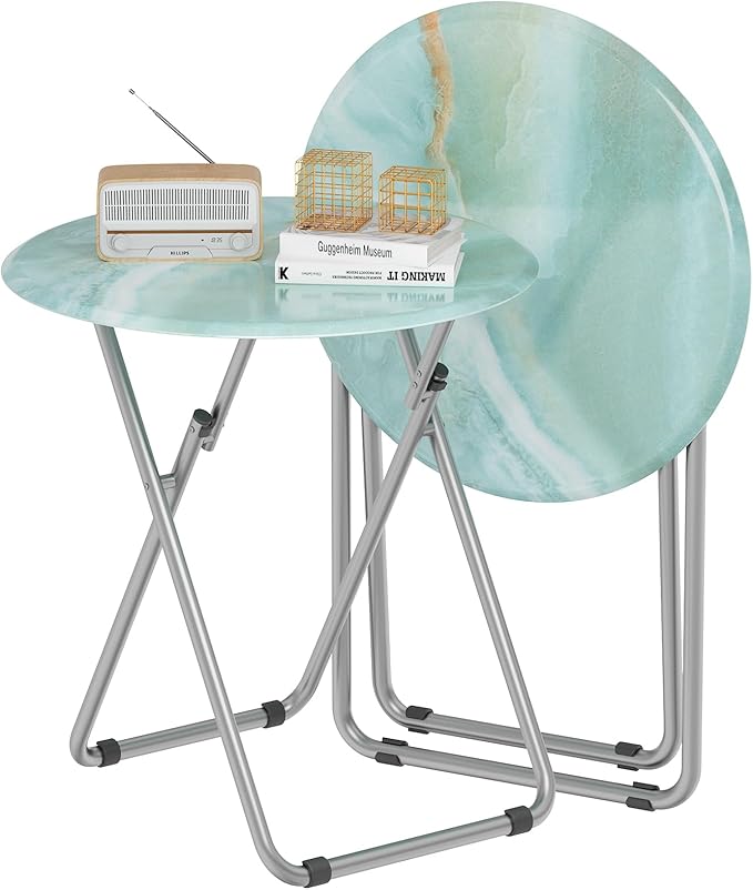 TV Tray Round Table, Small Foldable Table, Portable Dinner Table for Eating, Snack Side Trays Table Set of 2, No Assembly Required (Ocean Blue Marble, 2Pcs)