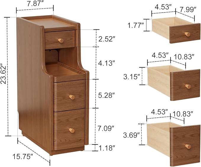 Narrow Nightstand with 3 Drawers,Solid Wood Small Nightstand Walnut, Modern Small Bedside Tables for Bedroom(Fully Assembly)