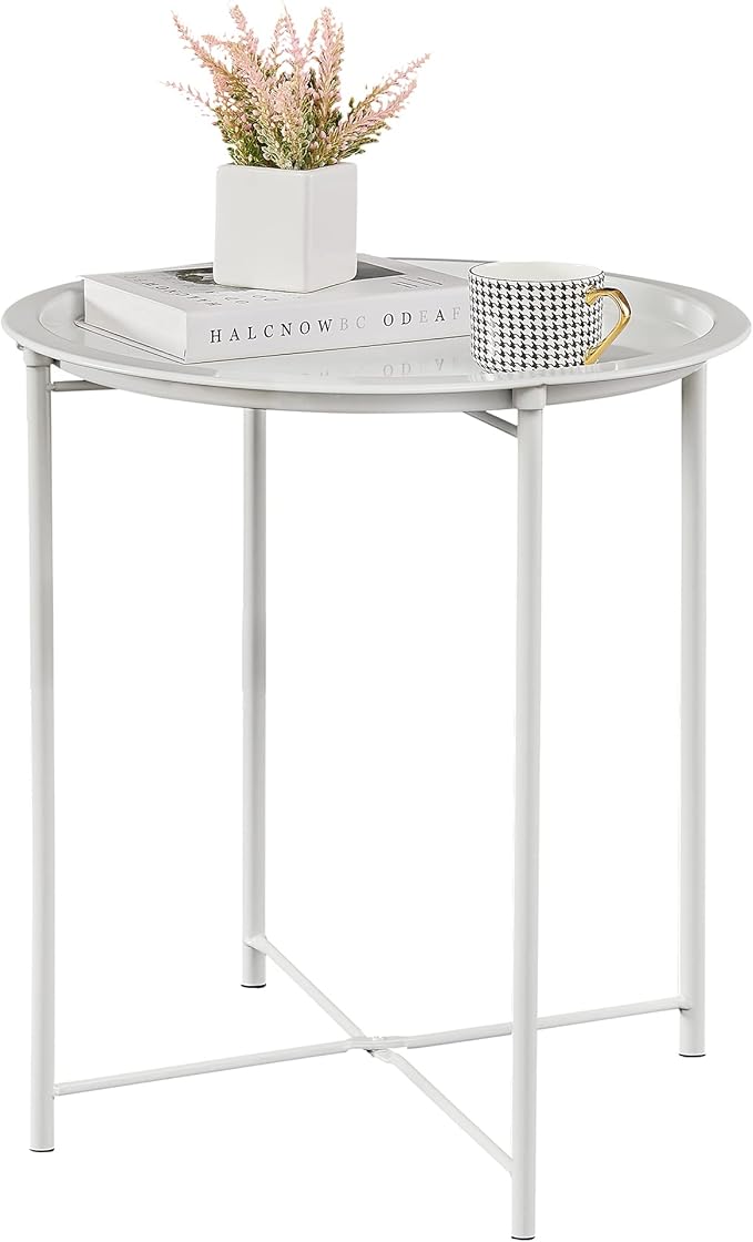 VECELO Side/End Table, Folding Round Metal Anti-Rust and Waterproof Outdoor or Indoor Tray for Living Room Bedroom Balcony and Office, 1 PCS, Beige