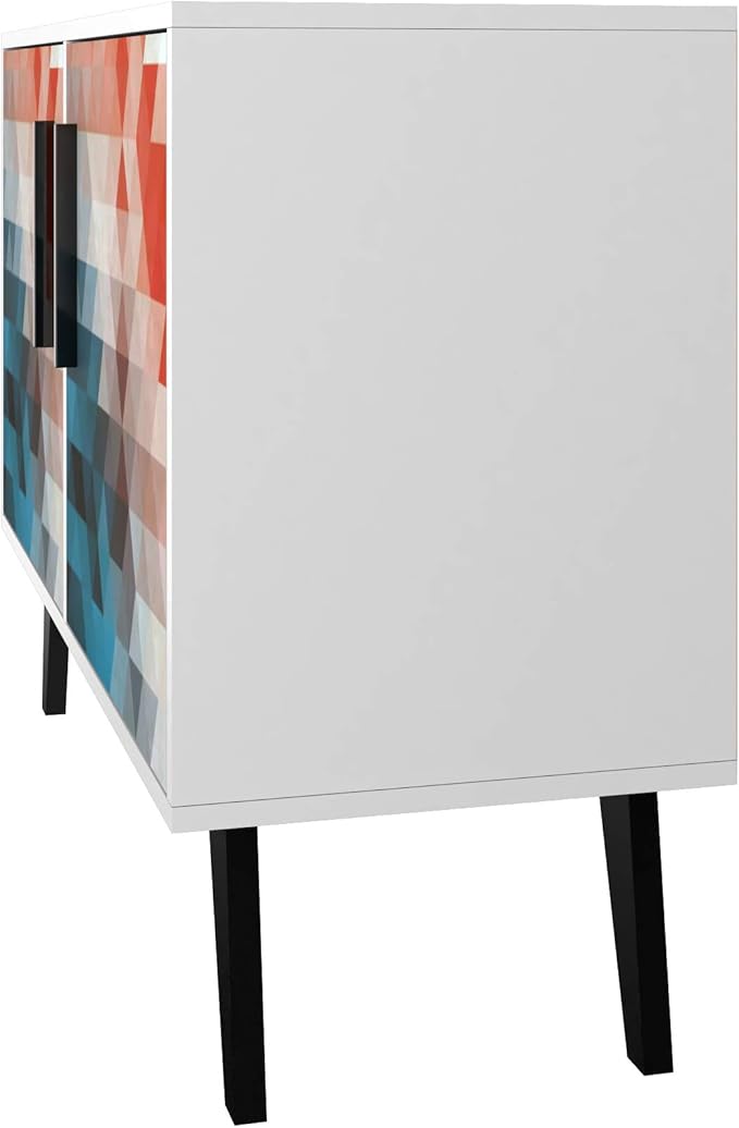 Manhattan Comfort Amsterdam Double Door Side Table with 3 Shelves, 35.43" Wide Storage Cabinet or TV Stand, Mid Century Modern Accent Furniture, Red/Blue