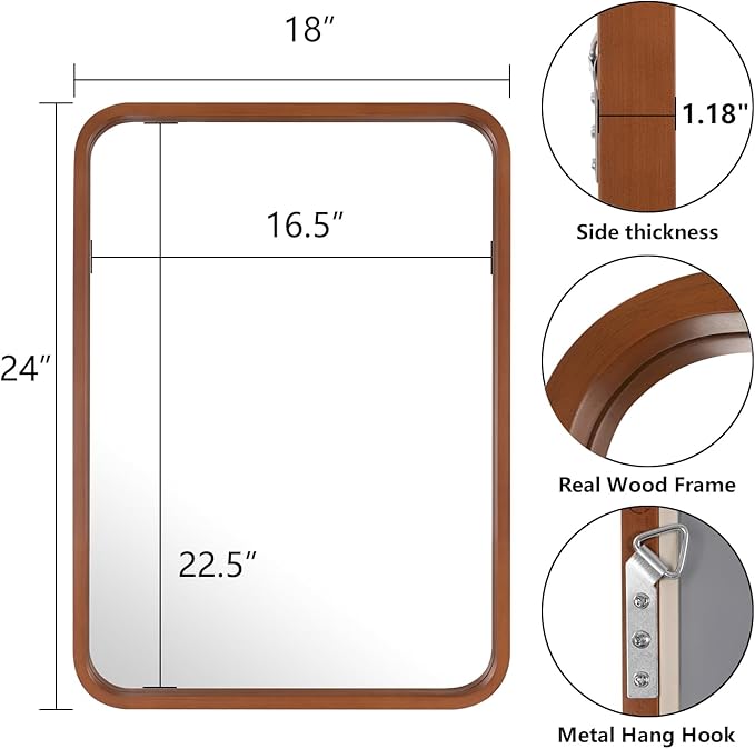 WallBeyond 18x24 Inch Wood Mirror for Bathroom, Wooden Frame Wall Mirror Farmhouse Wall Mounted Rectangle Mirror for Vanity (Horizontal/Vertical Walnut Color)