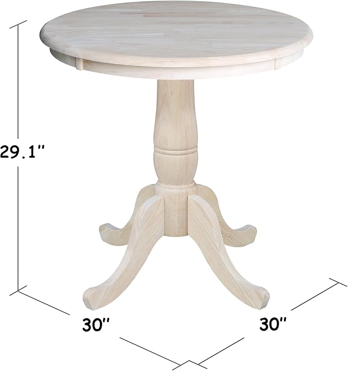 International Concepts 30" Round Top Pedestal Dining Table Solid Real Wood, Sturdy Parawood, Dimensions 30" D x 30" W x 28.8" H, Paint/Stain Ready, Unfinished