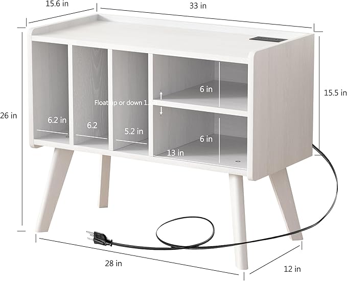 Forevich Record Player Stand Table with Vinyl Storage Holder Large Turntable Record Stand with Power Outlet Holds Up to 220 Albums Display Shelf Cabinet with Wood Legs for Living Room White