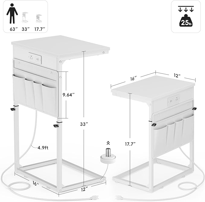 Vagusicc C Shaped End Table with Charging Station, Adjustable Height Side Table for Couch, Sofa Table Laptop Couch Side Tables, Slide Under Sofa TV Tray Arm C Tables for Living Room Bedroom, White