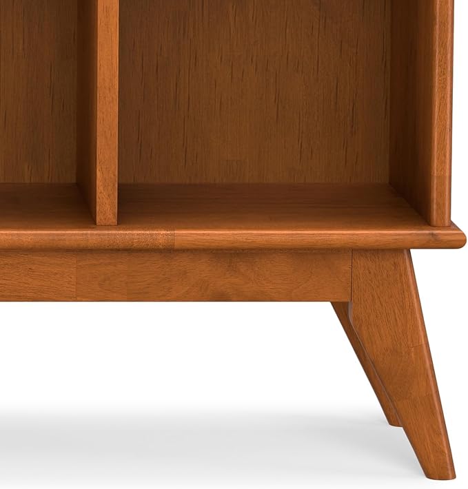 SIMPLIHOME Draper Console Table - 57 Inch Wide Solid Hardwood 8-Cube Sofa Table in Teak Brown, Mid-Century Modern Bookcase for Entryway or Living Room with 8 Open Storage Cubbies and Tapered Legs