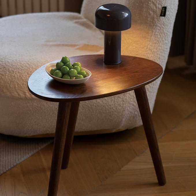 Small Oval Coffee Table, 19.7'' Small Mid Century Modern End Table for Living Room, 100% Solid Oak Wood Side Table, Minimalist Display Center Table(Walnut Color, 19.68" Wx13.38 Dx17.71 H)