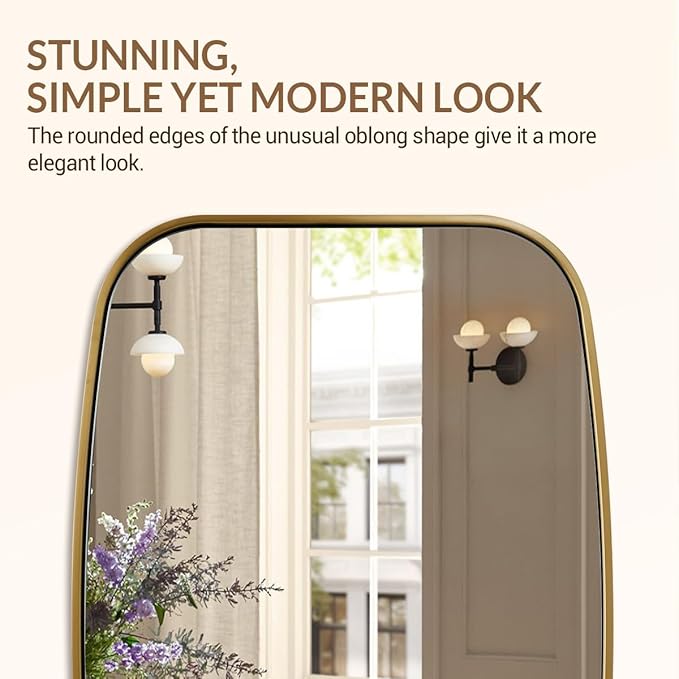 ANDY STAR Brushed Gold Oval Bathroom Mirror, 24x36 Inch Brass Oblong Mirrors for Wall, Modern Rectangle Vanity Mirror with Rounded Corner, Stainless Steel Wall Mount Horizontal or Vertical