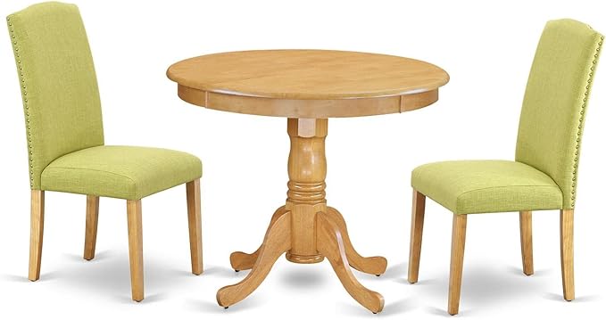 East West Furniture ANEN3-OAK-07 3 Piece Dining Room Furniture Set Contains a Round Kitchen Table with Pedestal and 2 Limelight Linen Fabric Parson Dining Chairs, 36x36 Inch, Oak