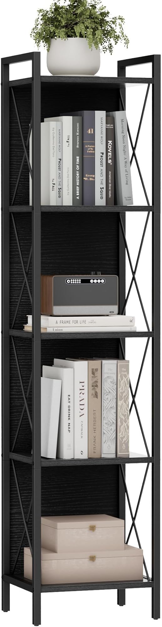 Homhedy 5 Tier Bookshelf Bookcase, Tall Narrow Bookshelf for Small Space, Metal Storage Shelves with Back Panel, for Home Office, Living Room, Kitchen, Bedroom, Industrial Style, Black
