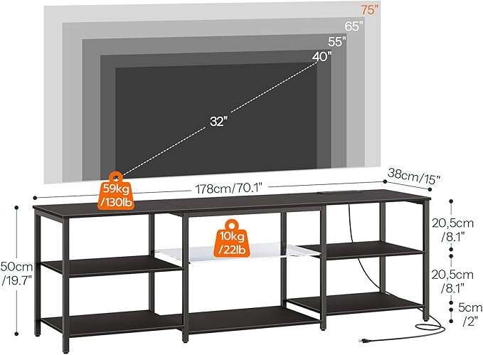 HOOBRO LED TV Stand for 75 Inch TVs with Charging Station, Gaming Entertainment Center with 3-Tier Open Storage, Long 70.1” Media TV Console Table, TV Stand for Living Room, Bedroom, Black BB22UDDS01