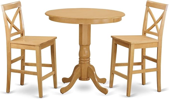 East West Furniture JAPB3-OAK-W 3 Piece Counter Height Pub Set for Small Spaces Contains a Round Kitchen Table with Pedestal and 2 Dining Room Chairs, 36x36 Inch, Oak