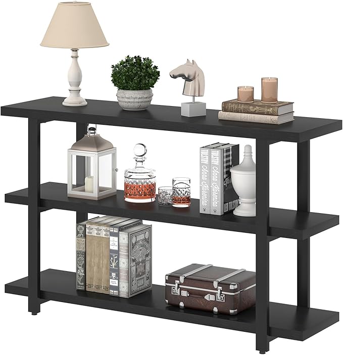 FOLUBAN Black Entryway Table, Modern Console Tables with 3 Tier Storage Shelves for Living Room, Wood and Metal Sofa Table for Hallway, Entrance, or Behind Couch, 47 Inch
