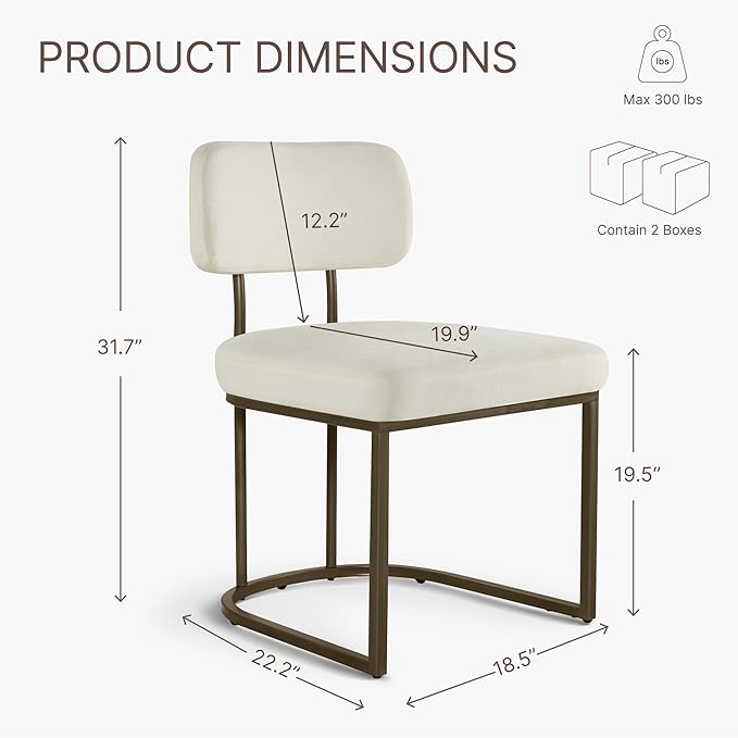 Dining Chairs Set of 6, Upholstered Modern Kitchen Chairs with Ergonomic Backrest, Fabric Cushion Seat & Metal Legs for Living Room, Restaurant, and Café, Ivory, 2Boxs
