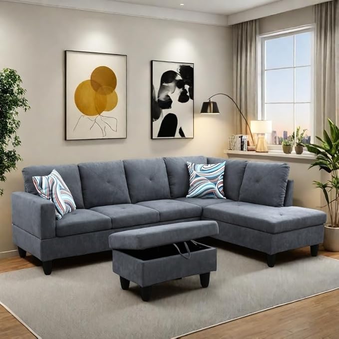 NAYSAYE L Shaped Couch, Modular Sectional Couch with Ottoman Storage, Modern Lounge Sofa Convertible Sectional Couches for Living Room, Apartment, Dark Grey