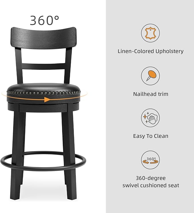 Signature Design by Ashley Valebeck Faux Leather Pub Height Swivel Barstool, 24.38" Seat Height, Black