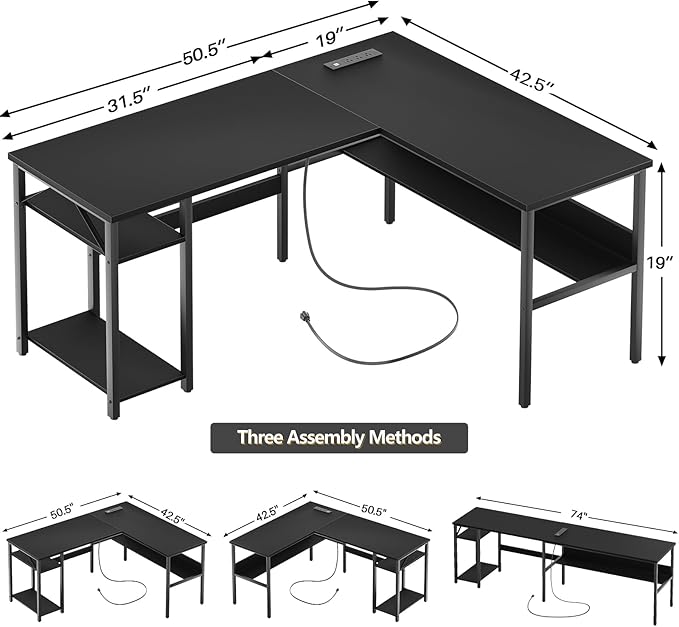 Reversible L Shaped Computer Desk with Magic Power Outlet, Sturdy Office Corner Desk, L Shape Gaming Table with Storage Shelf, Black
