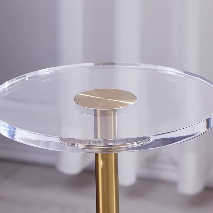 LIKENOW Furniture Acrylic Side Table,Clear Small Round End Table for Living Room,Bedroom,Office | Modern Nightstand with Gold Post for Drink,Food,Snack,Assembly