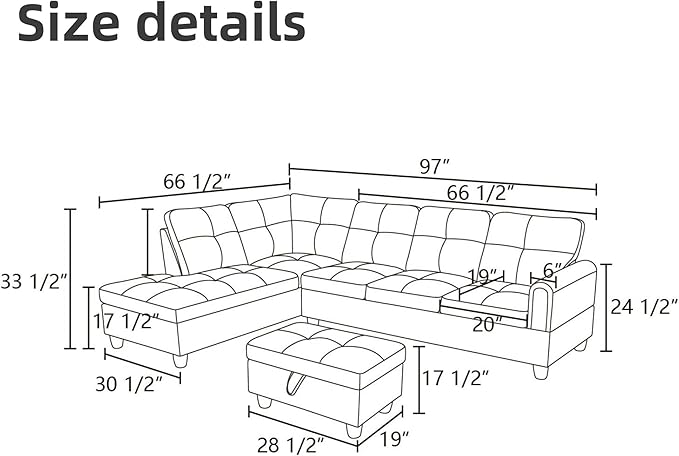 L Shaped Sectional Couches for Living Room, Modular Sectional Sofa with Ottoman Storage, Modern Comfy 4 Seat L Shaped Couch with Chaise for Bedroom Apartment Furniture, Black