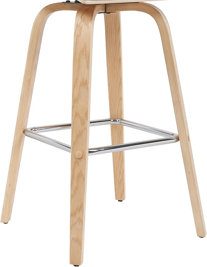 Vienna Modern Swivel Bar Height Stool with White Faux Leather Seat and Patterned Oak Wood Frame Set of 2