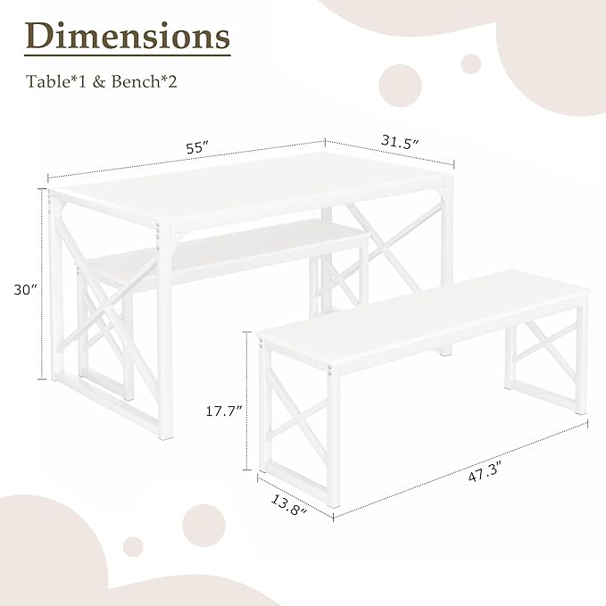 VECELO Kitchen Dining Table Set for 4, 55" Wood Rectangle Dinette with 2 Benches, Heavy-Duty Metal Frame for Small Space, Breakfast Nook, White