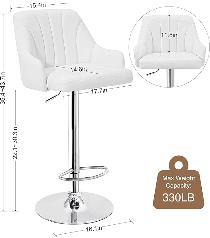 VECELO Bar Stools Set of 2, Adjustable Barstools, Counter Height Stools with Back and Arm, Kitchen Island Stools, Swivel PU Leather Stools, Modern Style, White