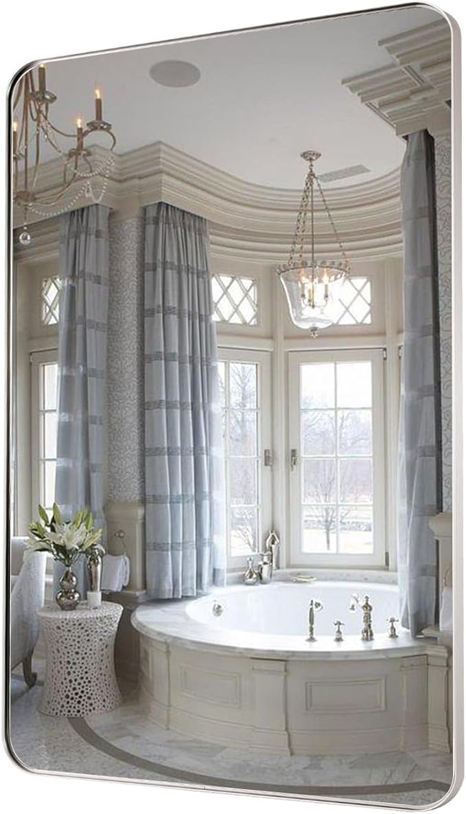 Silver Wall Mirror, 30x48 Inch Rounded Rectangle Vanity Mirror for Bathroom, Anti-Rust, Shatterproof, Farmhouse Wall Mounted Horizontal/Vertical