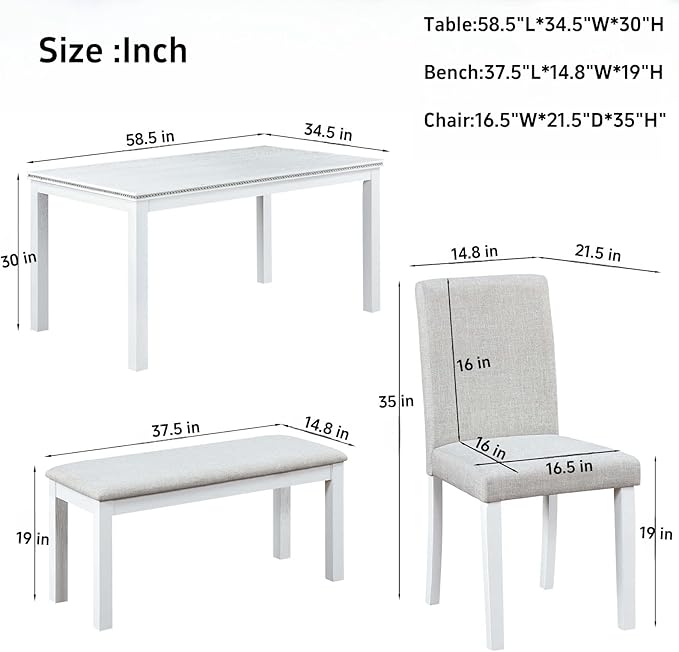 Dining Table Set, 6 Piece Counter Height Dinner Set with Rectangular Table, 4 Upholstered Chairs and Bench, Wooden Linen Dining Table and Chairs Set with Crystal Decoration, Beige