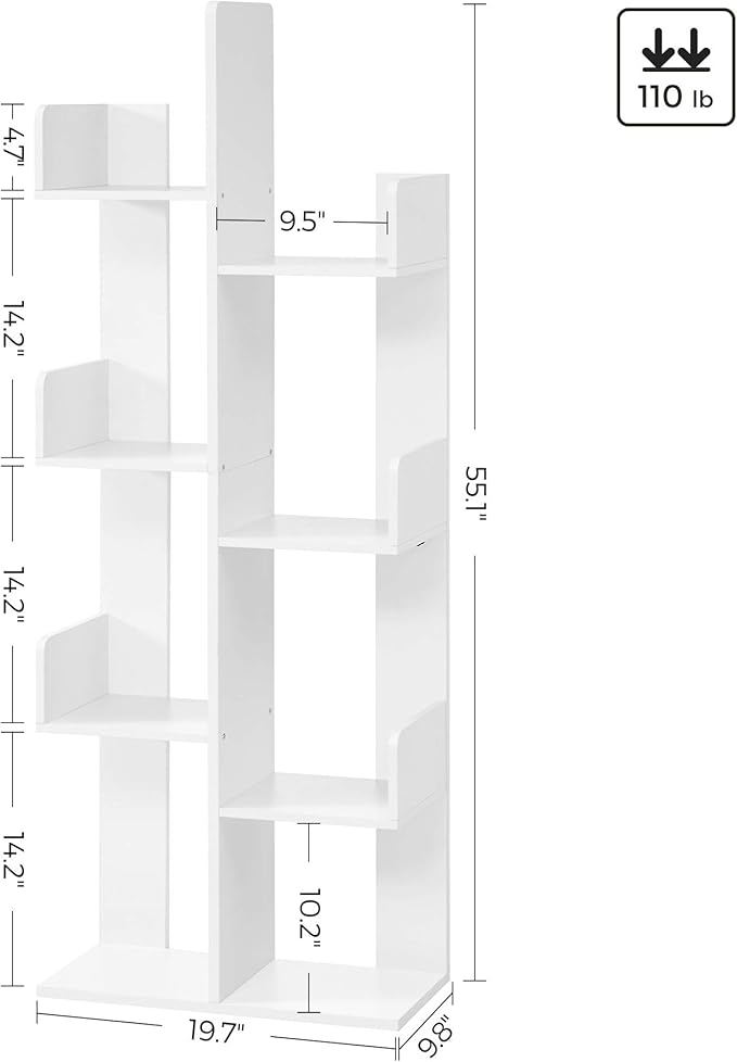 VASAGLE Bookcase, Tree-Shaped Bookshelf with 8 Storage Shelves, Rounded Corners, White 9.8D x 19.7W x 55.1H in, Engineered Wood