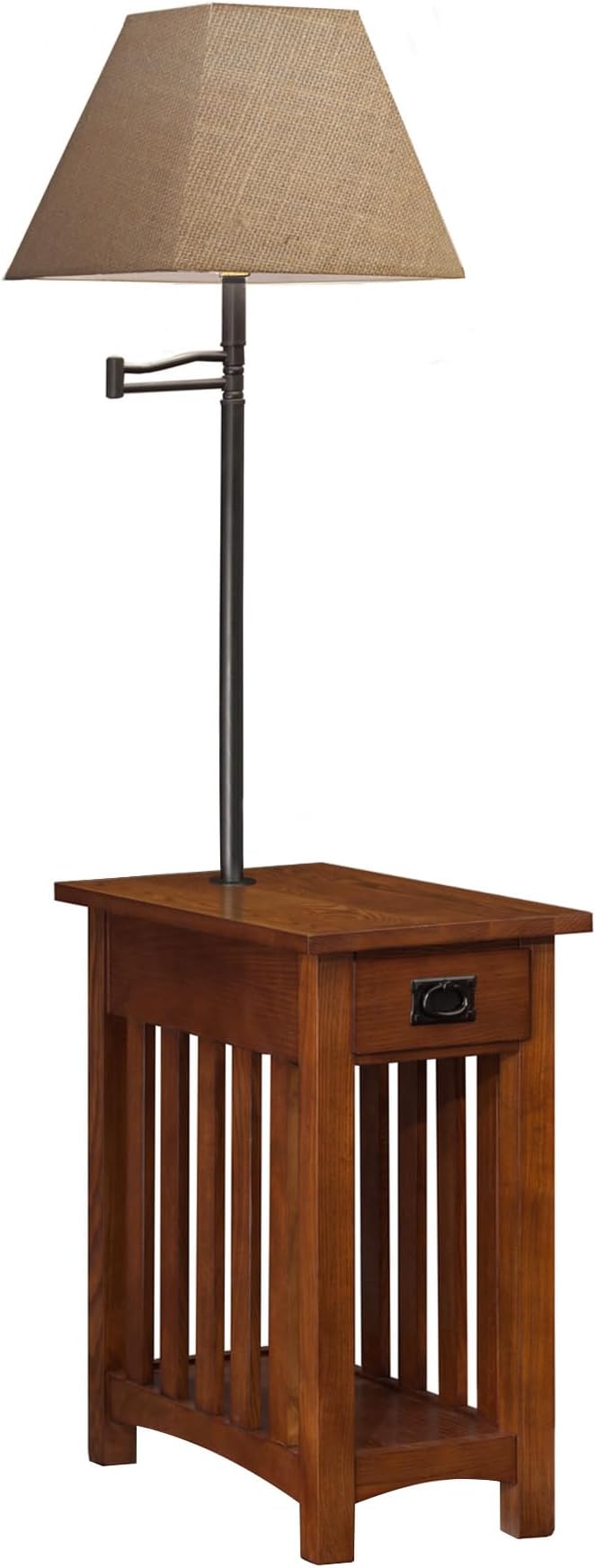 Leick Home Mission End Table, Solid Wood, Built-In-Lamp, 1 Drawer, Bottom Display Shelf, Slatted Sides, Easy-Assembly, Medium Oak, 22.5 in. L x 12.0 in. W x 60.0 in. H, 10028