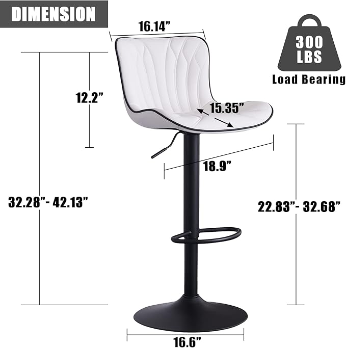 YOUNIKE White Bar Stools Set of 2 Modern Kitchen Counter Height Bar Chair with Back Swivel Adjustable Faux Leather Upholstered Barstools for Breakfast Island Tall 300LBS