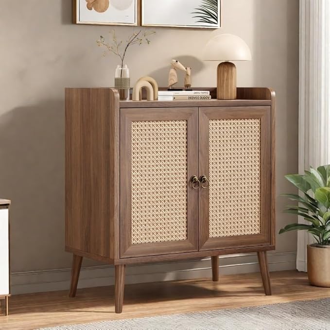 Buffet Cabinet, Rattan Storage Cabinet with Round Pull Rings, Sideboard with Ample Storage, Bar Liquor Shelf with 2 Doors for Living Room, Hallway, Light Brown