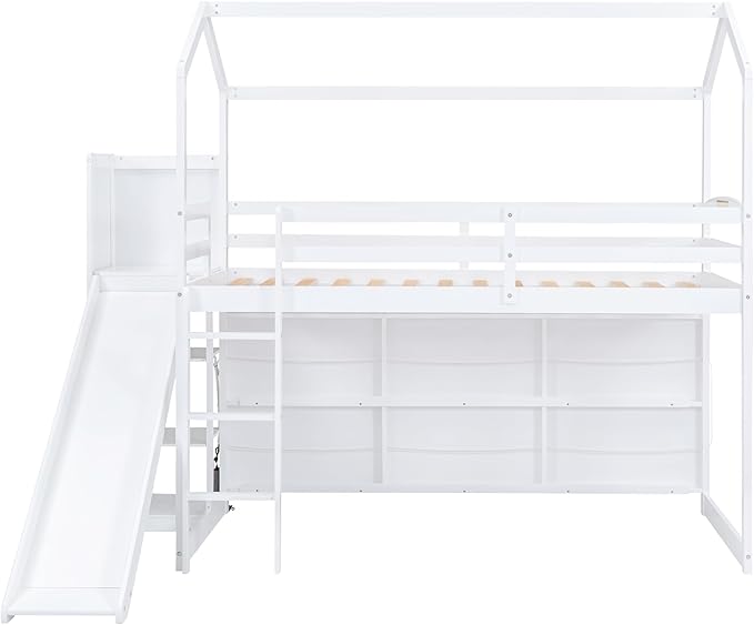 Twin Size House Loft Bed with Slide, Storage Shelves and Light, Wood Kids Bed Frame with Guardrail and Ladder,Climbing Ramp,for Teens Boys Girls Bedroom, White