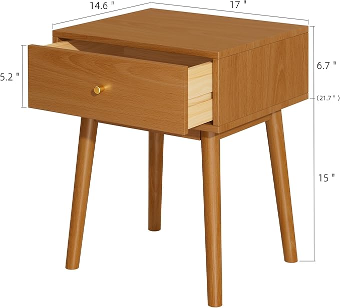 Small Solid Wood end Table with 1 Drawers, Mid-Century Modern Night Stand/nightstands,Side Table with Storage (Caramel)