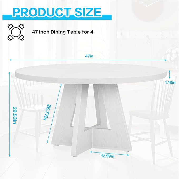47" Round Dining Table for 4-6, Modern Small Dinner Table Farmhouse Round Kitchen Tables with Wooden Cross Base for Dining Room, Kitchen, Living Room, White