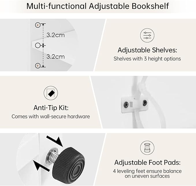 Wooden Bookshelf with Adjustable Shelves, 5 Tier Tall Bookcase for Living Room, Office or Small Spaces,Heavy Dute Bookshelves Storage Organizer, Manga Bookshelf for Collectors,60 Inch,White