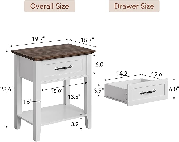 IDEALHOUSE Nightstand, End Table with Drawer, Side Table for Spaces, 2 Tiers Storage Shelves with Dresser, Bedside Table for Living Room, Bedroom, Dorm (White)