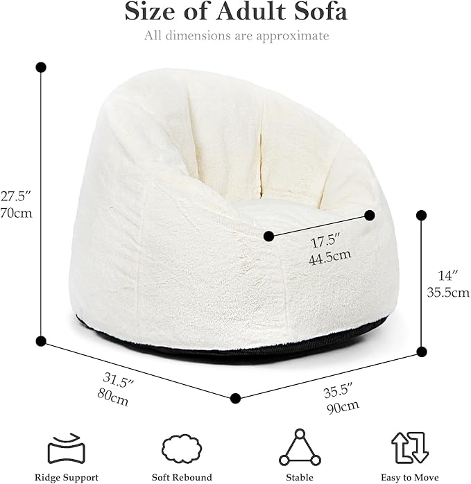 N&V Medium Shell Bean Bag Chair, Adult Size Bean Bag Sack, Foam Filling, Includes Removable and Machine Washable Cover, 37in, Soft Faux Fur, White