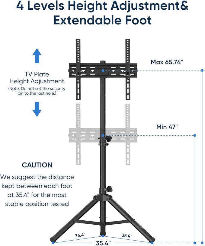 FORGING MOUNT Tripod Portable Floor TV Stand,Foldable Stand Height Adjustable for Portable Display Floor TV Stand 26-65" Flat Screen/Curved TVs, Holds Up to 77lbs