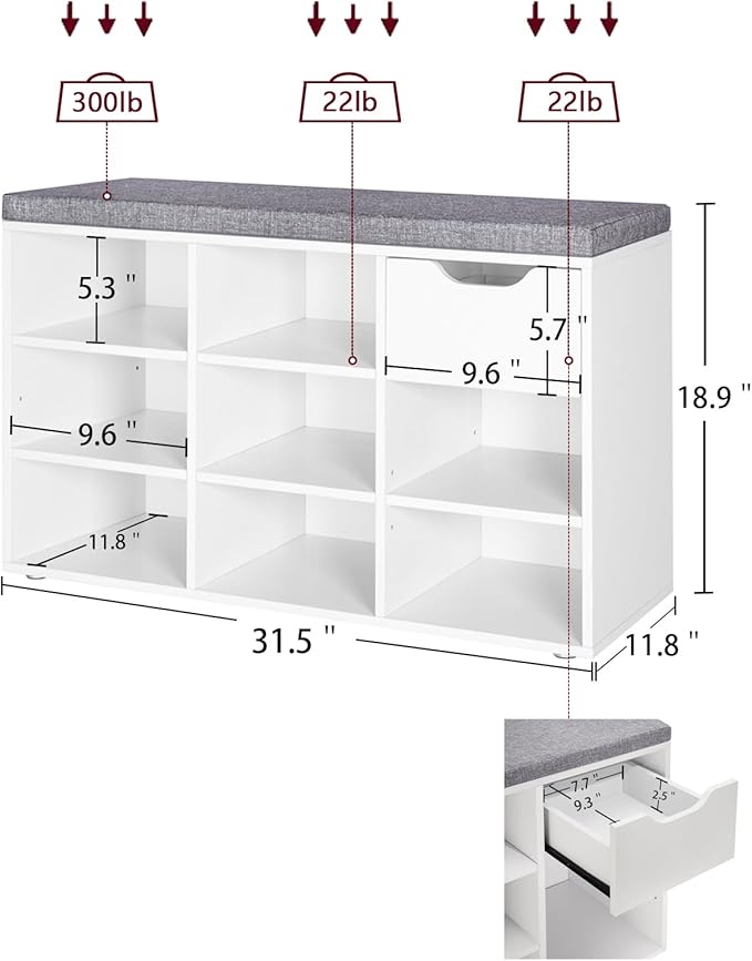 DINZI LVJ Shoe Bench,Entryway Storage Bench with Drawer and 8 Cubbies,Cubby Rack Adjustable Shelves,Shoe Organizer Cabinet for Living Room,Bedroom,Mudroom,Closet Garage,White