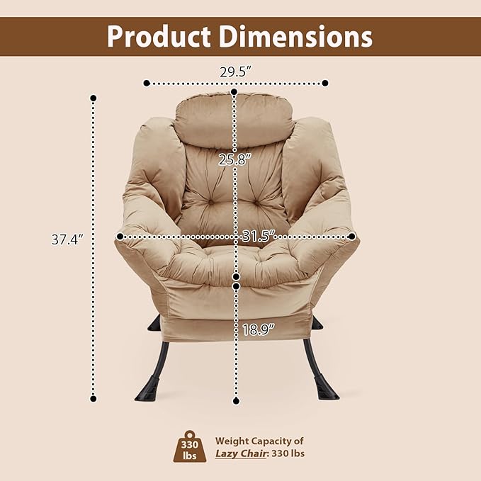Lazy Chair Thick Padded, Comfy Velvet Accent Lounge Chair with Stable Frame, Leisure Sofa Armchair with Armrests and Side Pocket, Reading Chair for Bedroom, Living Room, Office, Khaki