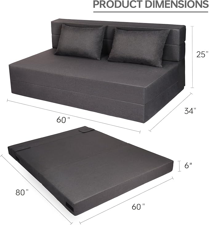 Folding Sofa Bed, Foldable Bed Sleeper Chair with Pillow, Convertible Sofa Bed with Washable Cover, Fold Out Couch,Futon Couch for Living Room, Dorm, Guest Room, Queen Size, Dark Grey