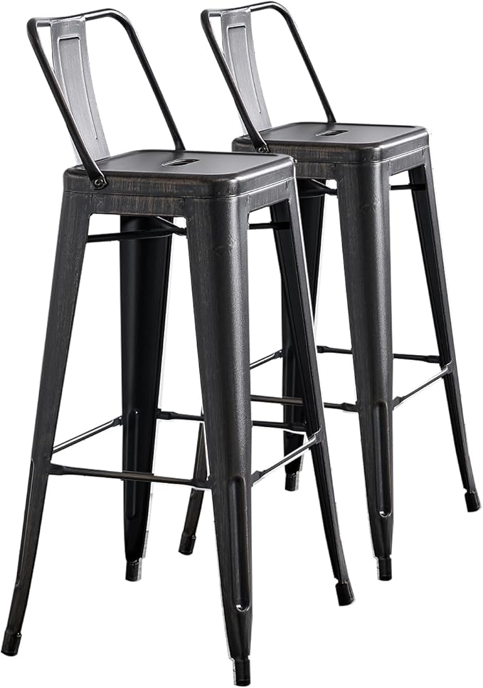 AC Pacific Modern 30” Metal Barstool Set of 2 – Country Rustic Style with Low Back, Lightweight & Sturdy Build, Easy Assembly, Distressed Black