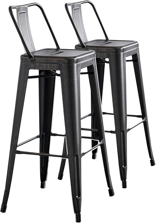 AC Pacific Modern 30” Metal Barstool Set of 2 – Country Rustic Style with Low Back, Lightweight & Sturdy Build, Easy Assembly, Distressed Black