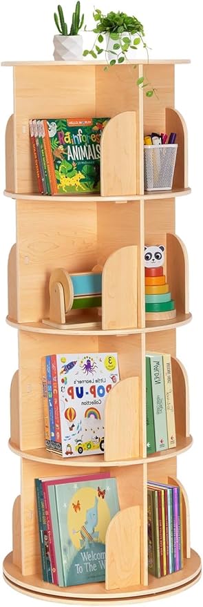 Rotating Bookshelf Kids, 360 Display 4 Tier Spinning Bookshelf Tower Stackable Solid Wood Book Shelf Rotating, Revolving Bookcase Floor Standing Bookcase Storage Display Rack for Kids&Adults, Pine