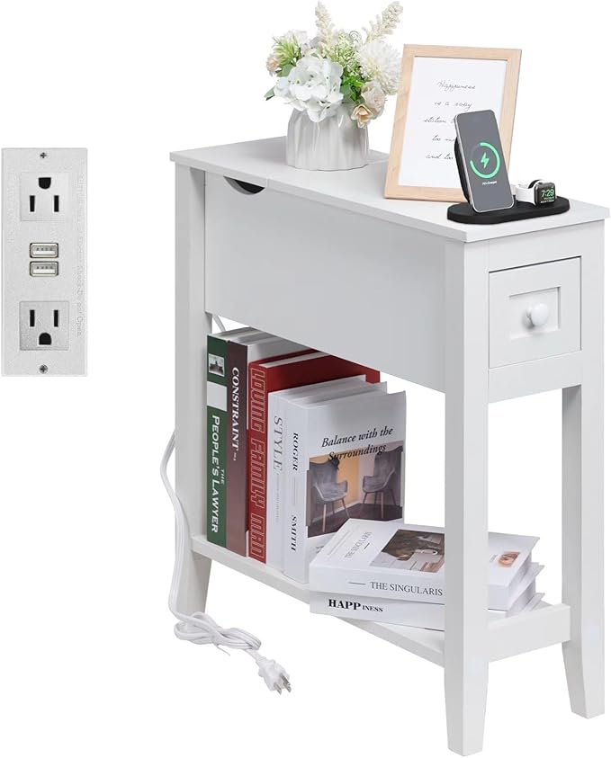 White End Table with Movable Top and Charging Station, Narrow Side Table with Storage Cabinet and USB, Sofa Table for Living Room Bedroom,White Side Table with Charger