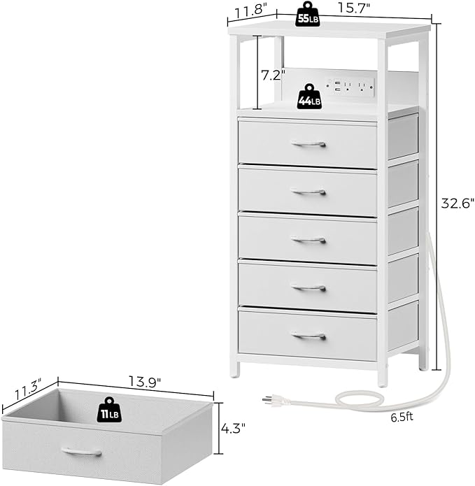 Seventable Night Stand with Charging Station, Tall Nightstand with 5 Fabric Storage Drawers, Side Table with LED Light for Bedroom, Entryway, White, Set of 2