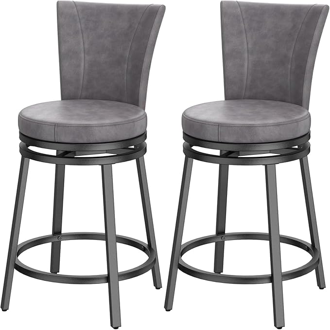 Bar Stools Set of 2, Counter Height Swivel Bar Chair with High Backrest, 24" Round Seat Barstools for Kitchen Island, Pub, Metal Base, Upholstered PU Leather Dining Chairs Grey