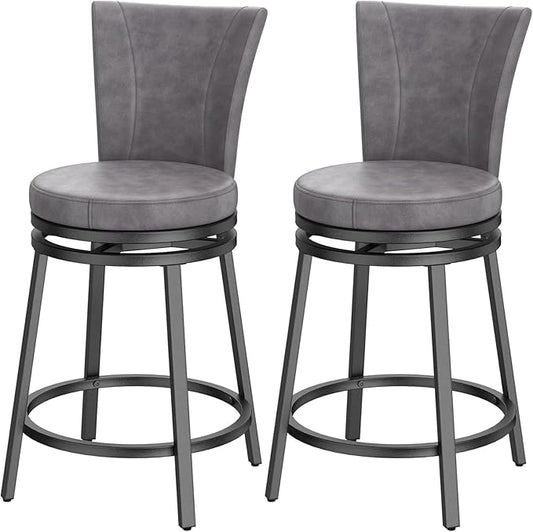Bar Stools Set of 2, Counter Height Swivel Bar Chair with High Backrest, 24" Round Seat Barstools for Kitchen Island, Pub, Metal Base, Upholstered PU Leather Dining Chairs Grey