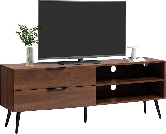 HollyHOME Wood TV Stand for TVs up to 65", Mid Century TV Stand with Storage, Modern Entertainment Center with 2 Drawers, Accent TV Media Console Table for Living Room, 53"(L), Retro Brown