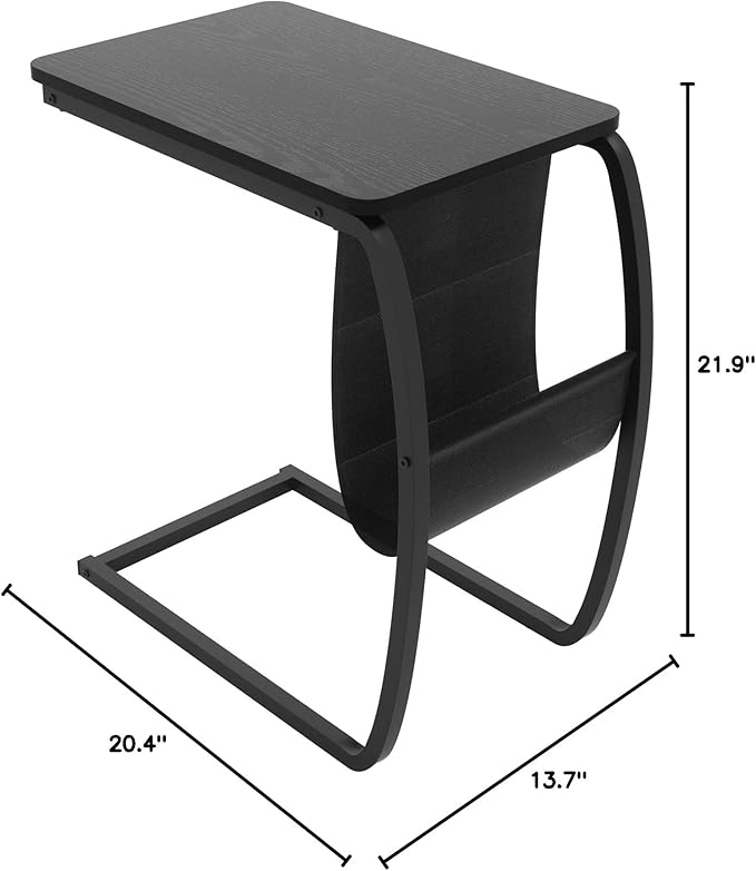 SRIWATANA Side End Tables Living Room, Vintage C-Shaped Laptop Table for Couch, Snack Table with Side Pocket, Black